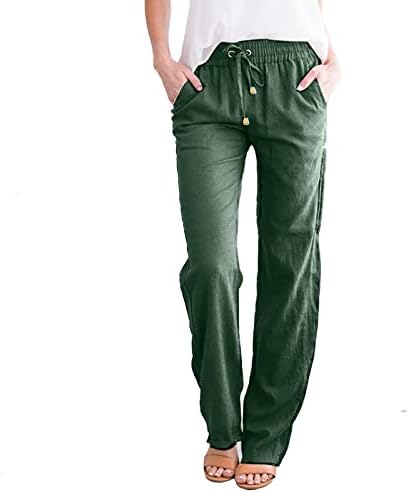 מקרית קיץ כותנה פשתן מכנסיים לנשים רחב רגל מכנסיים עם כיסים רופף בכושר טהור צבע ישר רגל מכנסיים