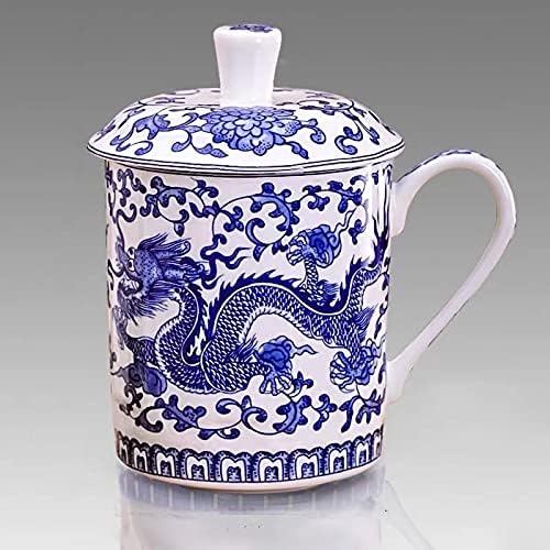 כוס תה חרסינה כחול -לבן של Dodouna עם מכסה קיבולת גדולה עצם סין משרד משרד שתייה ספל טיול כלי תה נייד 400 מל