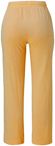 מכנסי פשתן קוטון לנשים מותניים אלסטיים רופפים מכנסי חוף קיץ רופפים שרציפים רצים ישר מכנסי יוגה צהוב