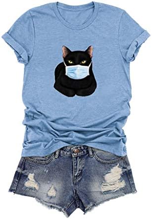 Smallyin נשים מצחיקות הדפסת חתול חולצת חולצת חולצה אופנה מזדמנת חולצה עם שרוולים קצרים
