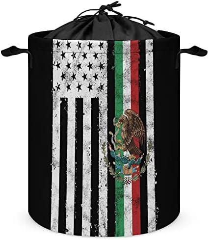מקסיקני-אמריקאי דגל עגול שק כביסה עמיד למים אחסון סל עם שרוך כיסוי וידית