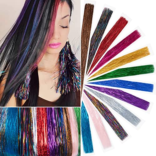 בנהייר 47 סנטימטרים שיער טינסל עם כלי 12 צבעים 2400 קווצות שיער הארכת טינסל ערכת עבור נשים בנות גליטר