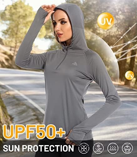 חולצות שמש של היימונט לנשים שרוול ארוך הגנה על UV נשים SPF קפוצ קפוצ'ון UPF 50+ חולצת ריצה חיצונית