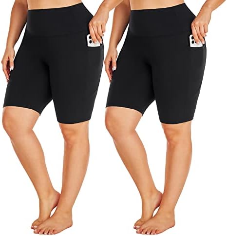 מכנסיים קצרים של אופנוענים בגודל של נשים עם נשים עם כיסים 2 חבילת מותניים גבוהה לבקרת בטן אימון יוגה מכנסיים