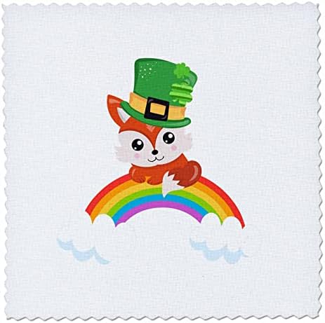 3רוז שועל אירי חמוד בכובע עליון ירוק יושב על קשת בענן. - ריבועי טלאים