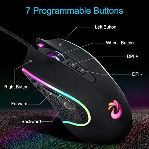 עכבר קווי של AmzCase, עכבר מחשב אופטי RGB, עכבר מחשב USB קווי עם 7 כפתורים, 7200 DPI משרד מתכוונן