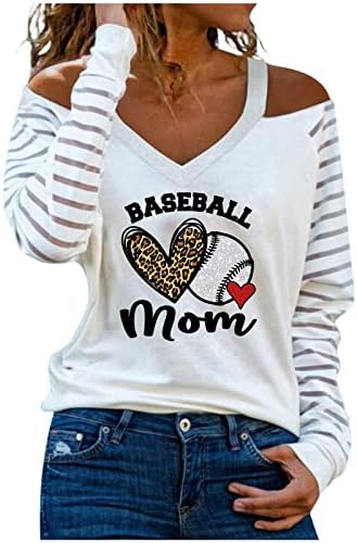 צמרות נשים בייסבול אמא אמא אמא הדפסת חולצת טריקו כתף קר שרוול ארוך טי טוניק טוניקה מזדמן V חולצה חולצה חולצה
