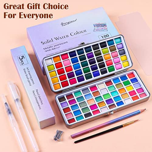 100 צבעים סט צבעי צבעי מים, עם עטיפת מתנה לתיבה ניידת, סט צביעה עם עטים מברשת מים ועיפרון ציור, נהדר לילדים