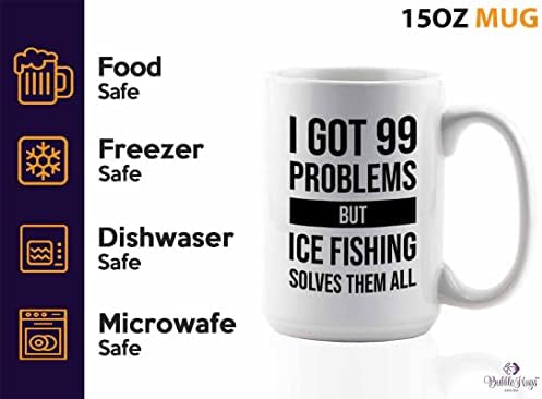 יש לי 99 בעיות קפה ספל 15 עוז לבן-קרח דיג פותר - בס ברקע דיג סירת אוהבי פתיונות מוט מצחיק דייג