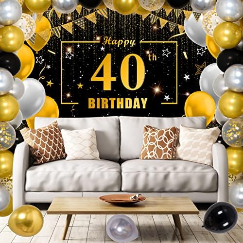 קישוטים ליום הולדת 40 לנשים שחור וזהב זהב ליום הולדת שמח מסיבת באנר מספקת בלונים ערכת יום הולדת 40