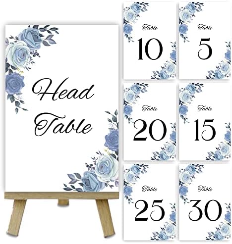 מספרי שולחן 30 יחידות, מספרי שולחן לחתונה , כרטיסי מספר שולחן עם הדפס גבול פרחוני כחול, מספרי שולחן שחורים לקבלת
