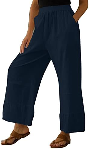 מכנסי פשתן כותנה לנשים מכנסי פשתן מזדמנים, חוף קל משקל רחב רגליים רחבות