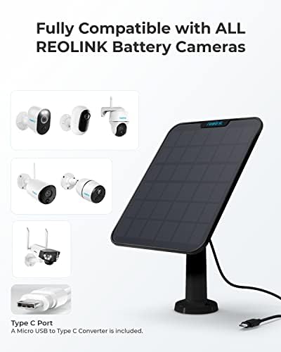 REOLINK 6W לוח סולארי שחור, אספקת חשמל סולארית ללא הפסקה עבור כל מצלמת הסוללה האלחוטית Outdoor,