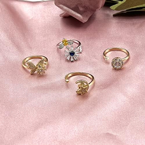 טבעת חרדה לקשקש לנשים נערות נוער, חמניות פרפר ירח כוכב טבעת ספינר טבעת פתוחה טבעות פינד מסתובבות מתכווננות