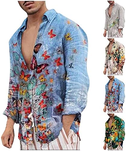 חולצות פשתן כותנה XXBR לגברים, כפתור סתיו למטה ציפורי שרוול ארוך ציפורי פרפר הדפס חולצות הוואי מזדמנים