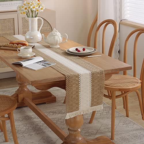 רץ שולחן מקרמה של בוהו יוטה, רץ שולחן כותנה בסגנון חווה סגנון כותנה ארוג כפרי רץ שולחן עם גדילים