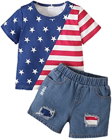 נובו פעוט תינוק תינוק תלבושות 4 ביולי תלבושות של ילד בלוק בלוק שרוול קצר שרוול אמריקאי חולצת טריקו ג'ינס