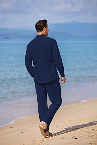 ערכות פשתן קואופנדי לגברים 2 חלקים כפתור למטה חולצה שרוול ארוך ומכנסי המותניים המותניים של חוף ים מזדמנים תלבושות