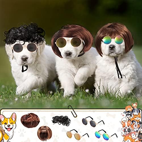 Mtlee 6 חתיכות פאות לכלבים מצחיק כלבים פאות רטרו חיית מחמד משקפי שמש עגולים קוספליי כלבים אביזרים