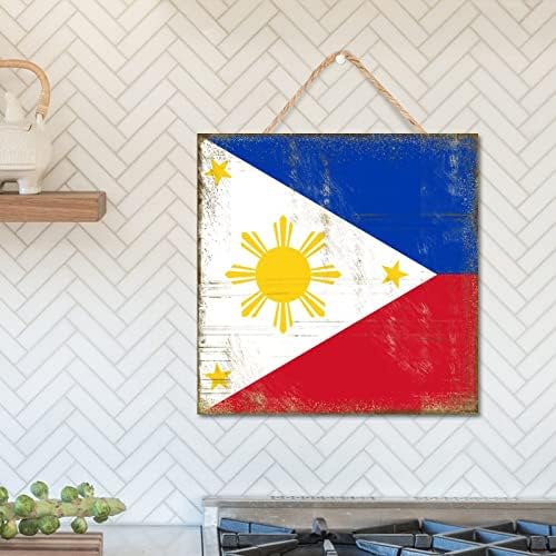 פיליפינים שלט עץ 16x16 במדינות פופולריות דגלים לאומיים שלט עץ עם ציטוט רעיון למתנה מוטיבציונית