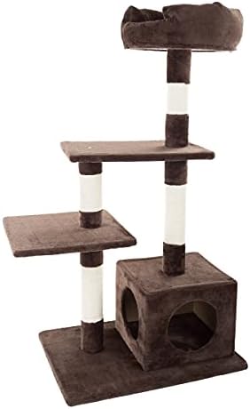 מגדל חתולים בן 4 קומות - 3 מוטות תנומה, דירת חתולים, 4 עמודי גירוד בחבל סיסל - עץ חתול לחתולים פנימיים