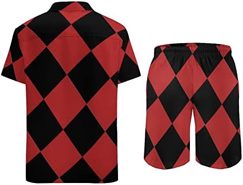 ריבועים אדומים ושחורים גברים 2 חלקים הוואי סט מכפתור חולצות שרוול קצר מכנסי חוף רופפים מתאימים