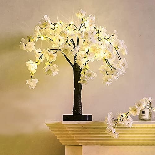 Fudios מואר לבן דובדבן פריחת דובדבן 40 LED 18 אינץ 'עיצוב חדר יפני, עץ פרחים מלאכותי עם אורות סוללה תקע USB לחתונה