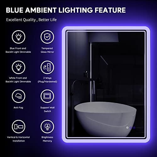 מראה עם תאורה אחורית של 24 x 32 LED, מראה אמבטיה עם אורות, מראה LED לחדר אמבטיה, אווירה כחולה