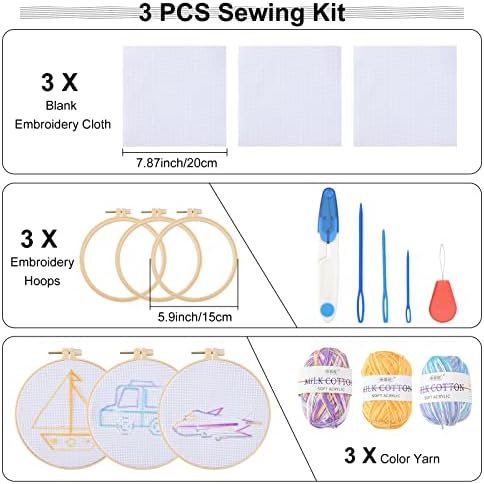 3 סט רקמת המתנע ערכת רקמה למתחילים פרויקטים נער תפירת ערכת ללמוד רקמת ערכת תפירה, בעבודת יד ערכות