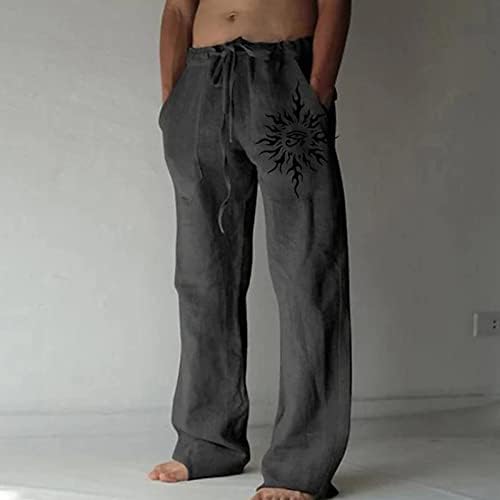 גברים מכנסי פשתן כותנה קיץ כיסים רופפים מכנסי מותניים אלסטי