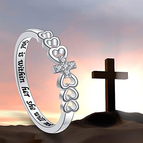 אלפים 925 סטרלינג כסף הנוצרי צלב לב השראה אמונה התנך פסוק טבעת לנשים נוער ילדה תכשיטי מתנה