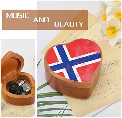 דגל נורווגי קופסת מוזיקה מעץ קופסת מעץ צורה לב עם קופסאות מוזיקליות מודפסות ליום הולדת ולנטיין