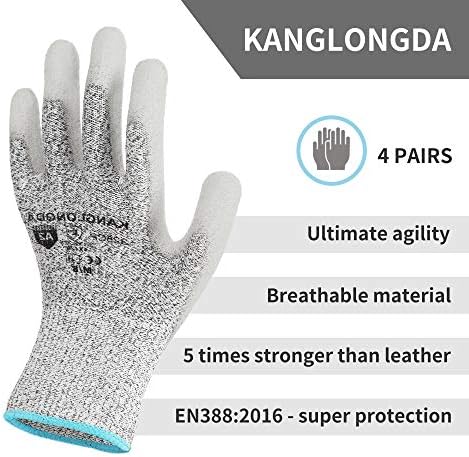 Kanglongda חותך כפפות עמידות, 4 זוגות עבודות בטיחות כפפות לגברים ונשים, חיתוך כפפות לשפים חיתוך בשר מטבח, קטן
