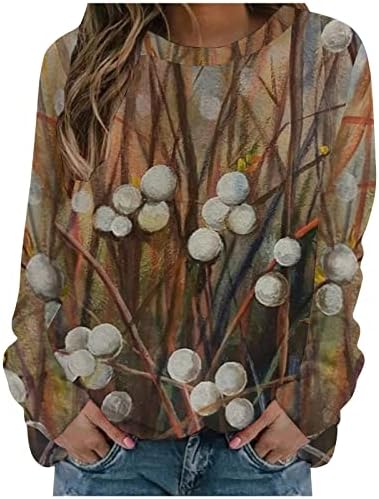 צמרות קיץ נשים טוניקה מזדמנת לבושית אסתטית תלת מימדית הדפס פרחוני פרחוני אביב חולצה שרוול ארוך שרוול צווארון