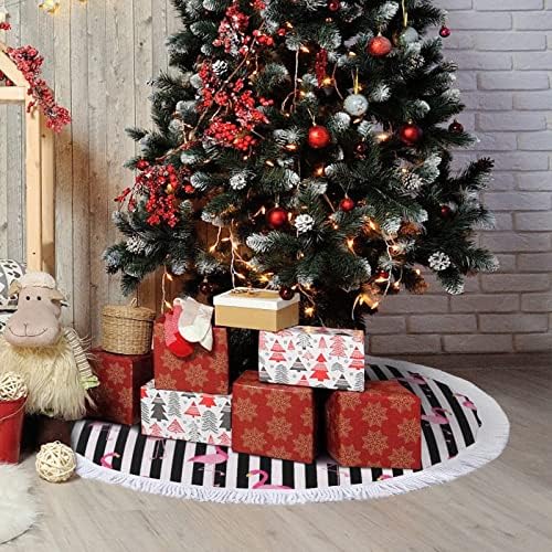 פלמינגו על פסים בשחור לבן הדפיס חצאית עץ חג המולד עם ציצית למסיבת חג מולד שמח תחת עץ חג המולד