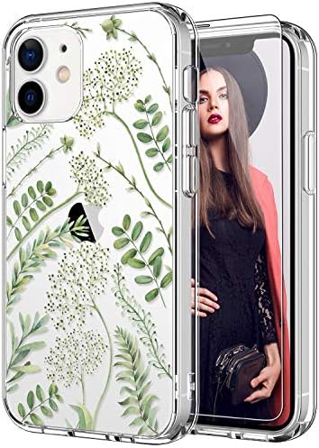 אייסיו לאייפון 12 מארז מיני עם מגן מסך, ברור עם עלים ירוקים חמודים דפוסי פרחים פרחוניים לנשים בנות, רזה מתאים