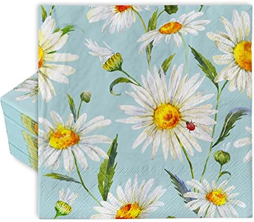 Anydesign 80 חבילה מפיות נייר דייזי אביב אביב פרח קיץ ארוחת צהריים מפיות 6.5 x 6.5 אינץ
