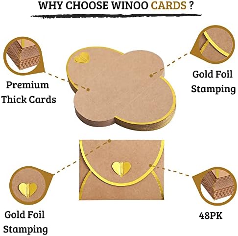 מעטפות כרטיסי מתנה עם אבזם בצורת לב זהב - 48 פק-מעטפות מיני קראפט עם גבול זהב, מעטפה קטנה צבע מגוון לכרטיסי