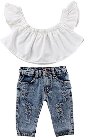 תינוקות תינוקות מחוץ לכתף פולקה נקודה למעלה+ג'ינס קרוע+סט תלבושת בגדי סרט