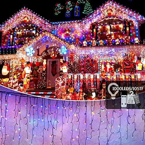 אורות קישוט לחג המולד חיצוניים 105ft, 1000 LED 8 מצבי וילון פיות אורות עם 50 טיפות, חילוף, אטום למים, טיימר,
